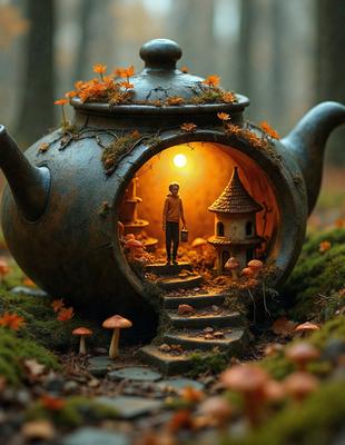 Primary subject: A person standing in a small, cozy room with a tea kettle.

Setting/background: The room is surrounded by trees, creating a peaceful and natural atmosphere.

Visual style: The image is a digital artwork, featuring a detailed and intricate scene.

Colors and mood: The room is illuminated by a warm, golden light, creating a warm and inviting mood.